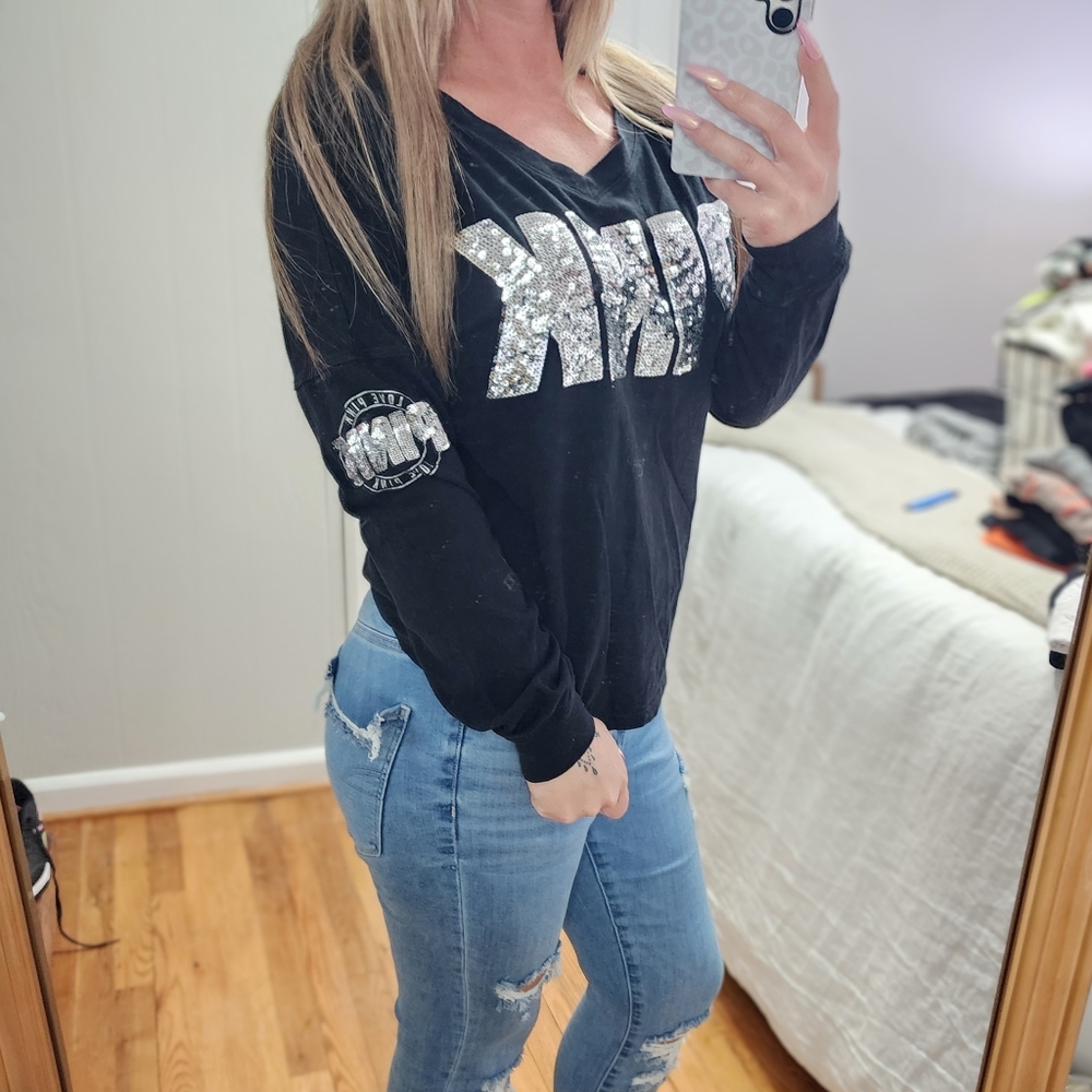 Victoria's Secret PINK | Sequin Long Sleeve V-Neck Top - Picture 2 of 5